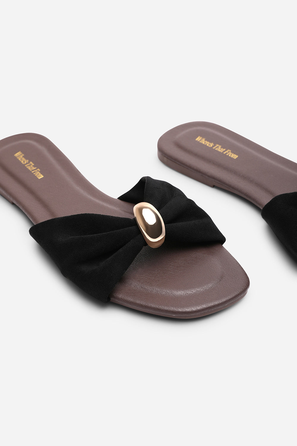 Arc Ruched Buckle Black Suede Slide On Sandal