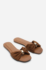 Arc Ruched Buckle Cognac Suede Slide On Sandal
