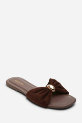 Arc Ruched Buckle Dark Brown Suede Slide On Sandal