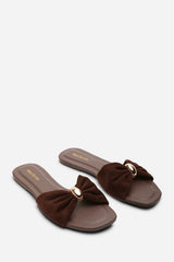 Arc Ruched Buckle Dark Brown Suede Slide On Sandal