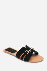 Dorina Embellished Wide Fit Black Suede Slide On Sandals