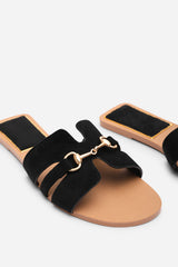 Dorina Embellished Wide Fit Black Suede Slide On Sandals