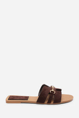 Dorina Embellished Wide Fit Dark Brown Suede Slide On Sandals