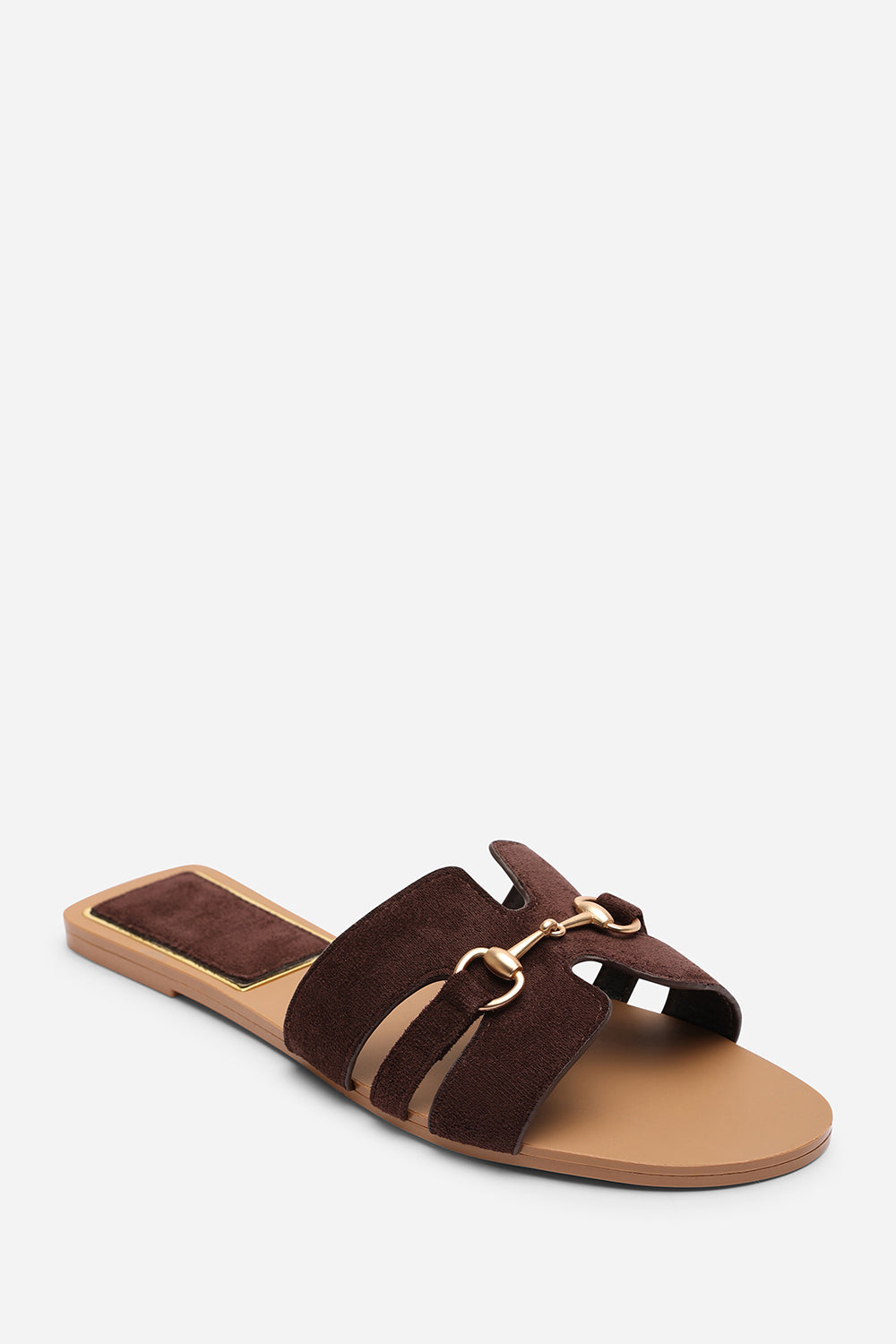 Dorina Embellished Wide Fit Dark Brown Suede Slide On Sandals