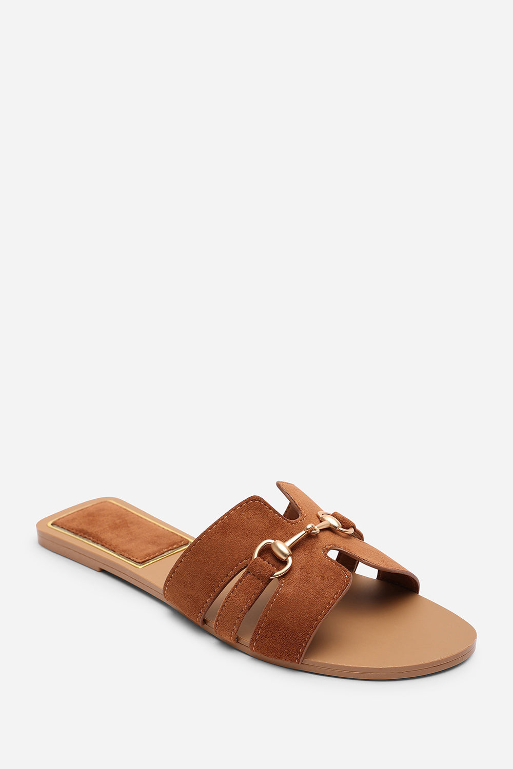 Dorina Embellished Wide Fit Tan Suede Slide On Sandals