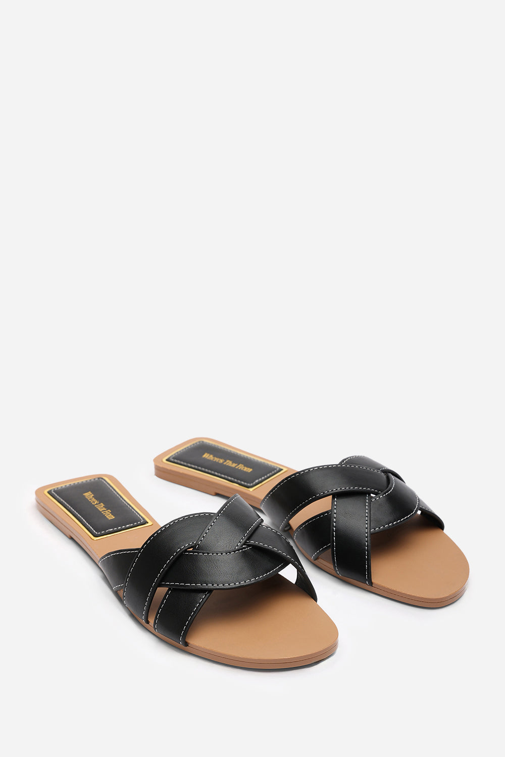 Elvira Braided Black Slide On Sandals With Contrast Stitching