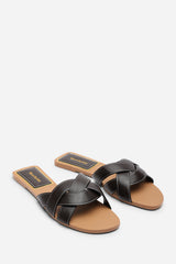 Elvira Braided Dark Brown Slide On Sandals With Contrast Stitching