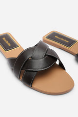 Elvira Braided Dark Brown Slide On Sandals With Contrast Stitching