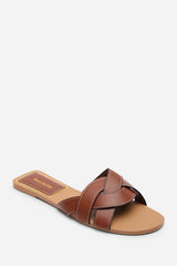 Elvira Braided Tan Slide On Sandals With Contrast Stitching