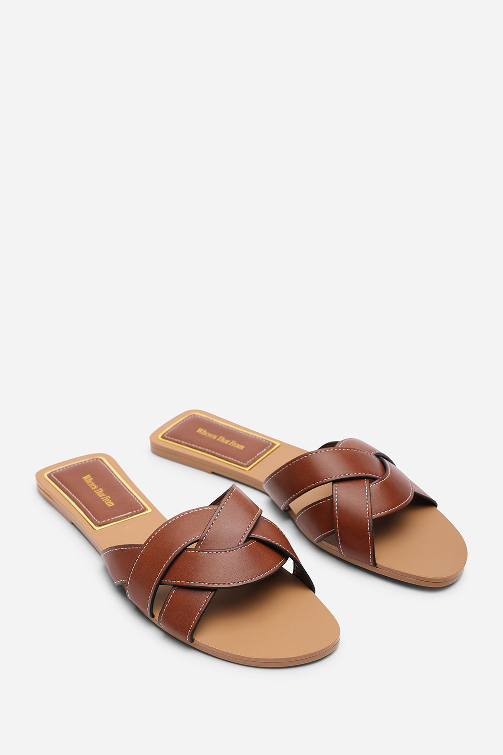 Elvira Braided Tan Slide On Sandals With Contrast Stitching