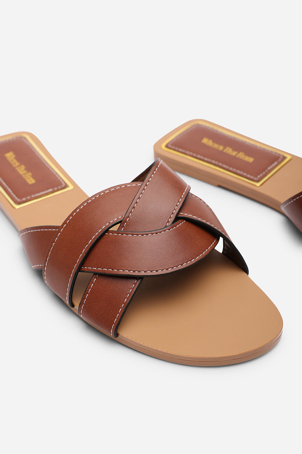 Elvira Braided Tan Slide On Sandals With Contrast Stitching