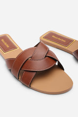 Elvira Braided Tan Slide On Sandals With Contrast Stitching