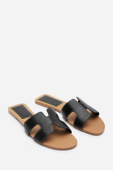 Grazia Cut Out Design Wide Fit Black Slide On Sandals With Contrast Stitching