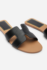 Grazia Cut Out Design Wide Fit Black Slide On Sandals With Contrast Stitching