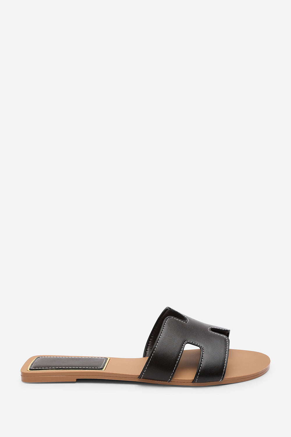 Grazia Cut Out Design Wide Fit Dark Brown Slide On Sandals With Contrast Stitching
