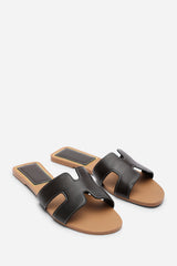 Grazia Cut Out Design Wide Fit Dark Brown Slide On Sandals With Contrast Stitching