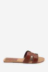Grazia Cut Out Design Wide Fit Tan Slide On Sandals With Contrast Stitching