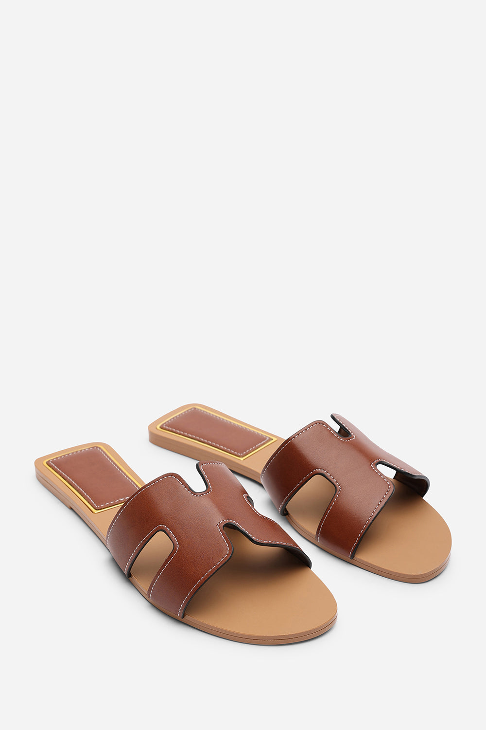 Grazia Cut Out Design Wide Fit Tan Slide On Sandals With Contrast Stitching