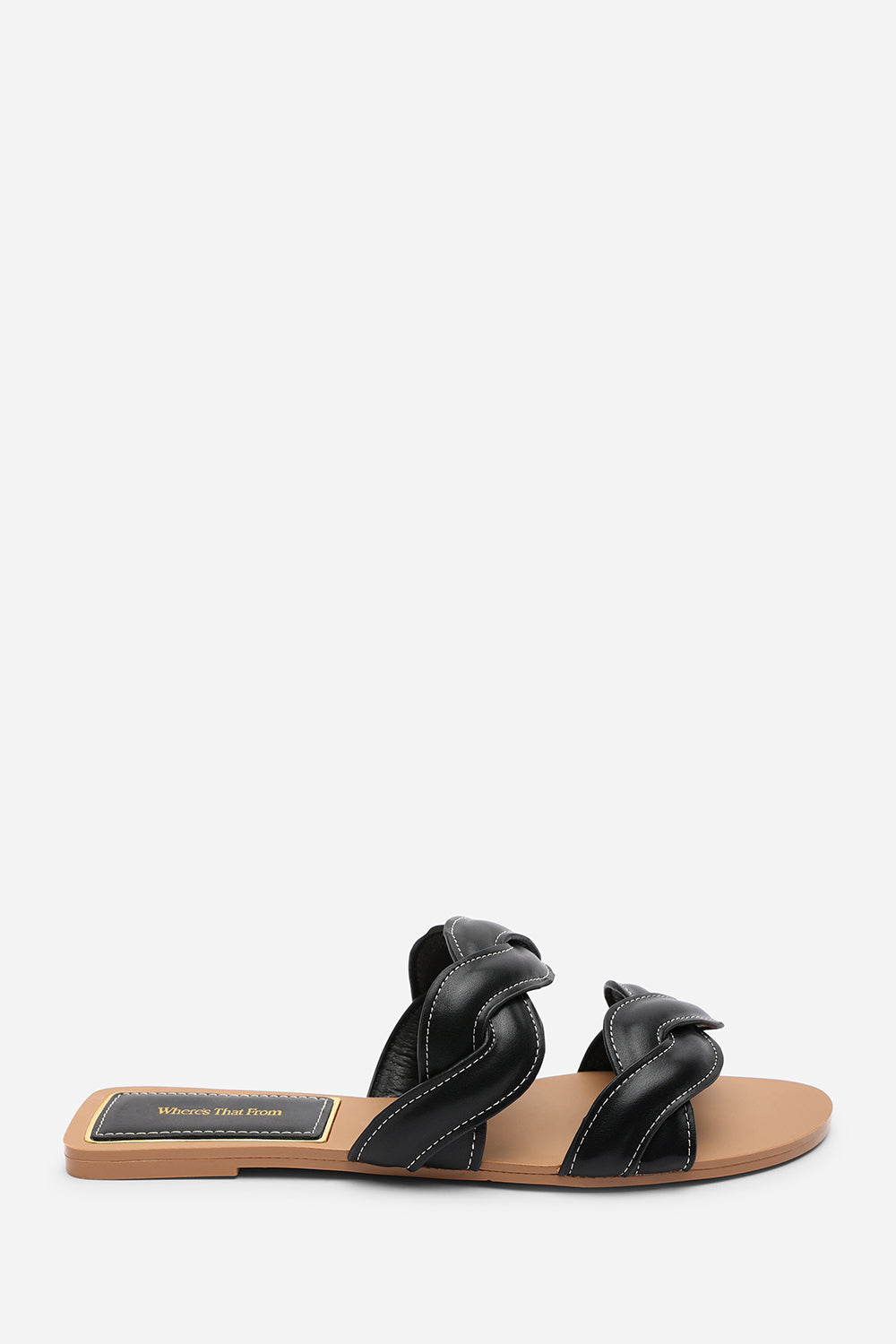 Julietta Two Strap Braided Black Slip on Sandals with Contrast Stitching