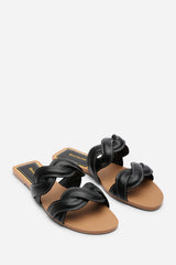 Julietta Two Strap Braided Black Slip on Sandals with Contrast Stitching