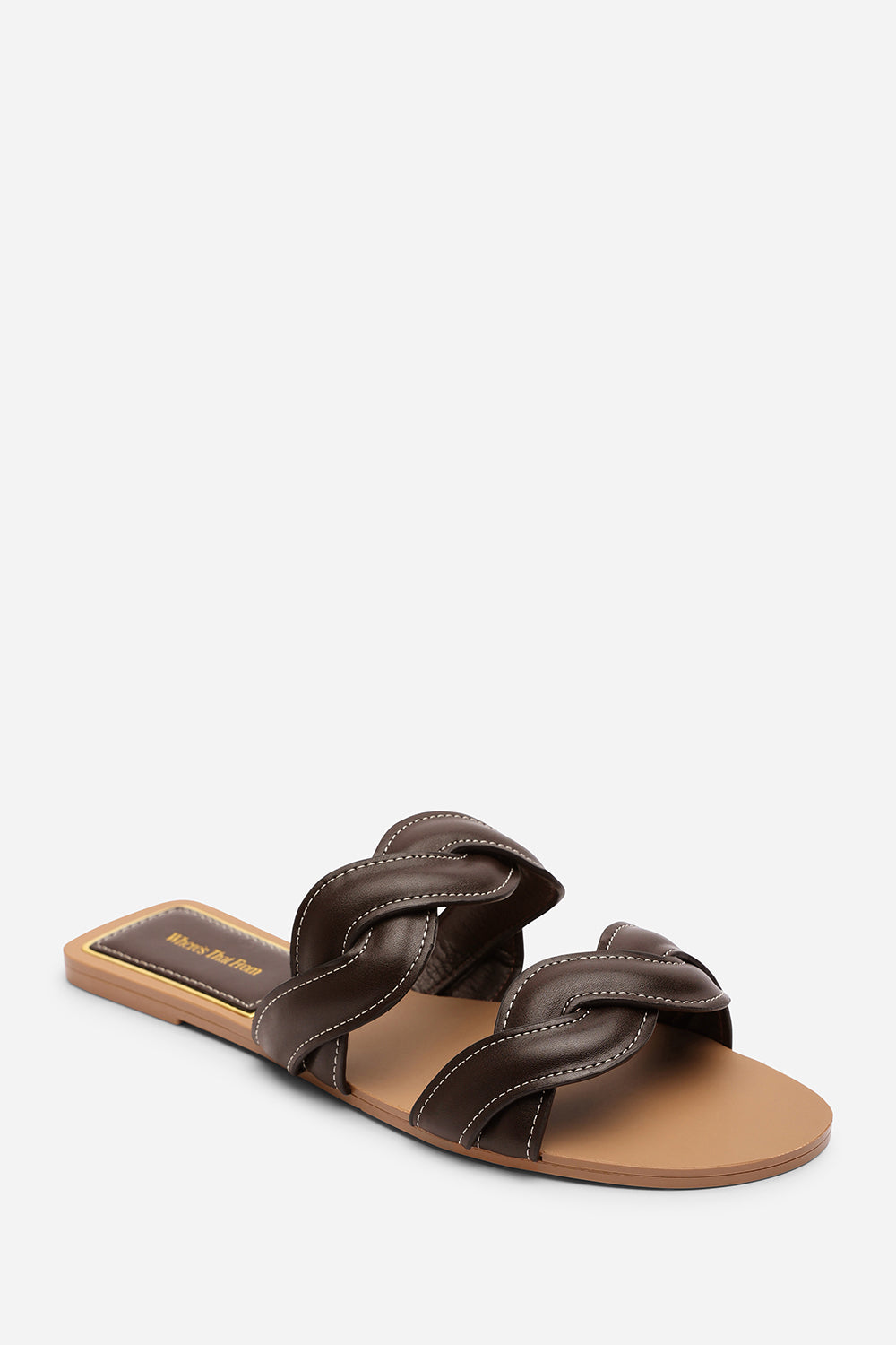 Julietta Two Strap Braided Dark Brown Slip on Sandals with Contrast Stitching