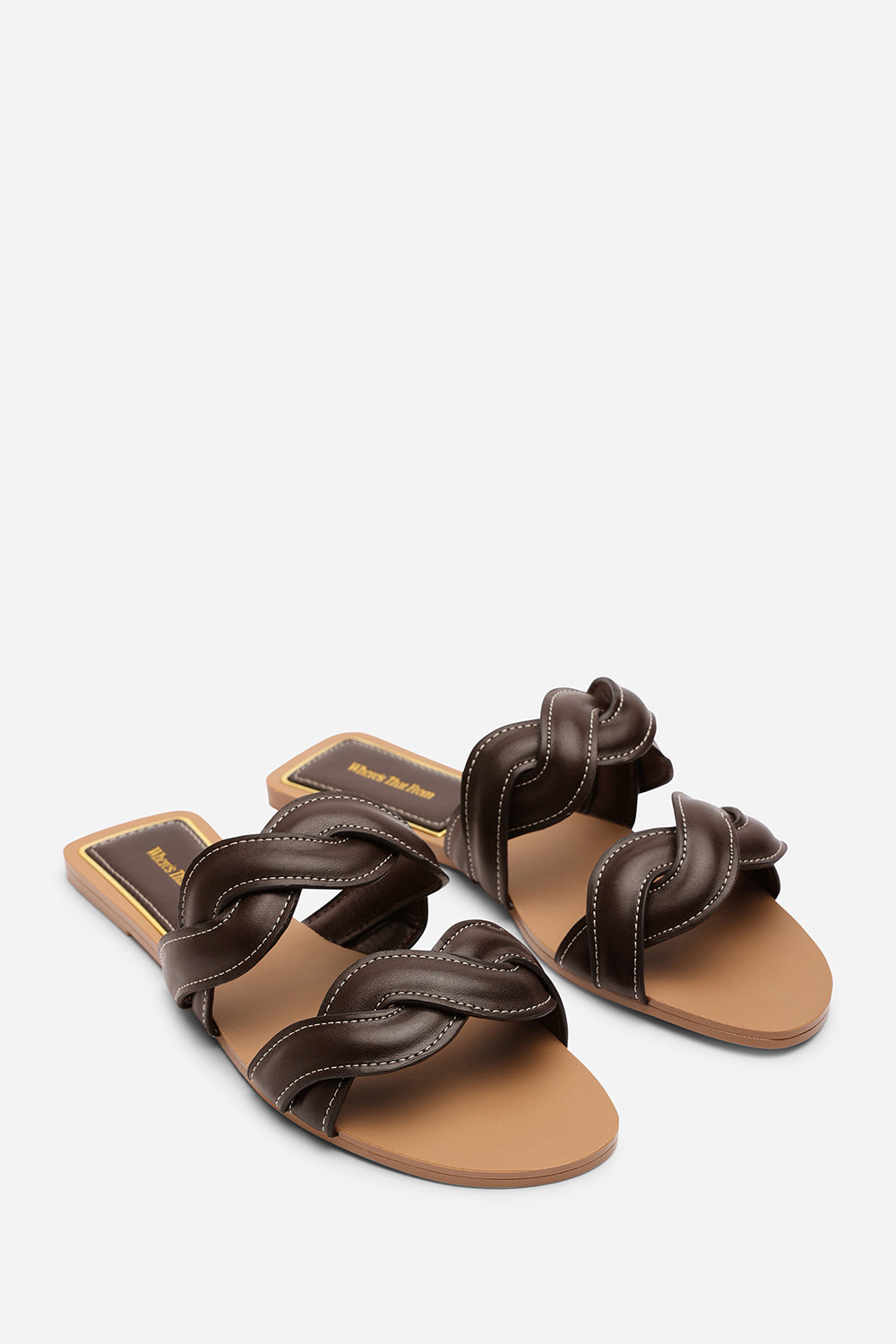 Julietta Two Strap Braided Dark Brown Slip on Sandals with Contrast Stitching