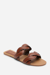 Julietta Two Strap Braided Tan Slip on Sandals with Contrast Stitching