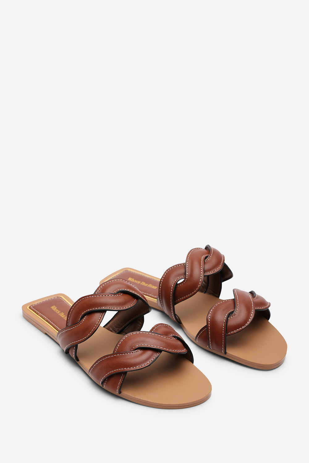 Julietta Two Strap Braided Tan Slip on Sandals with Contrast Stitching