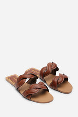 Julietta Two Strap Braided Tan Slip on Sandals with Contrast Stitching