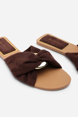 Lavina Knot Detail Dark Brown Suede Slide On Sandal