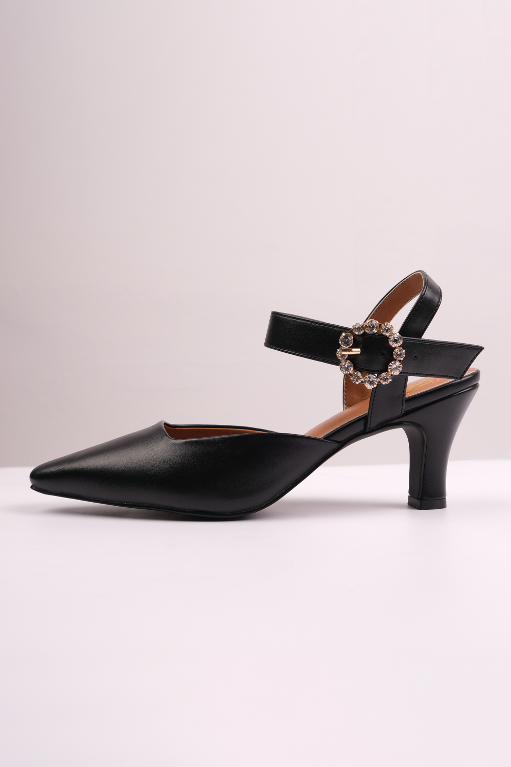NEW FORM WIDE FIT MID HEEL SANDALS WITH DIAMANTE BUCKLE DETAIL IN BLACK FAUX LEATHER