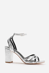 ESMER MID BLOCK HEEL WITH CROSS OVER STRAP DETAILING IN SILVER CRINKLE FAUX LEATHER