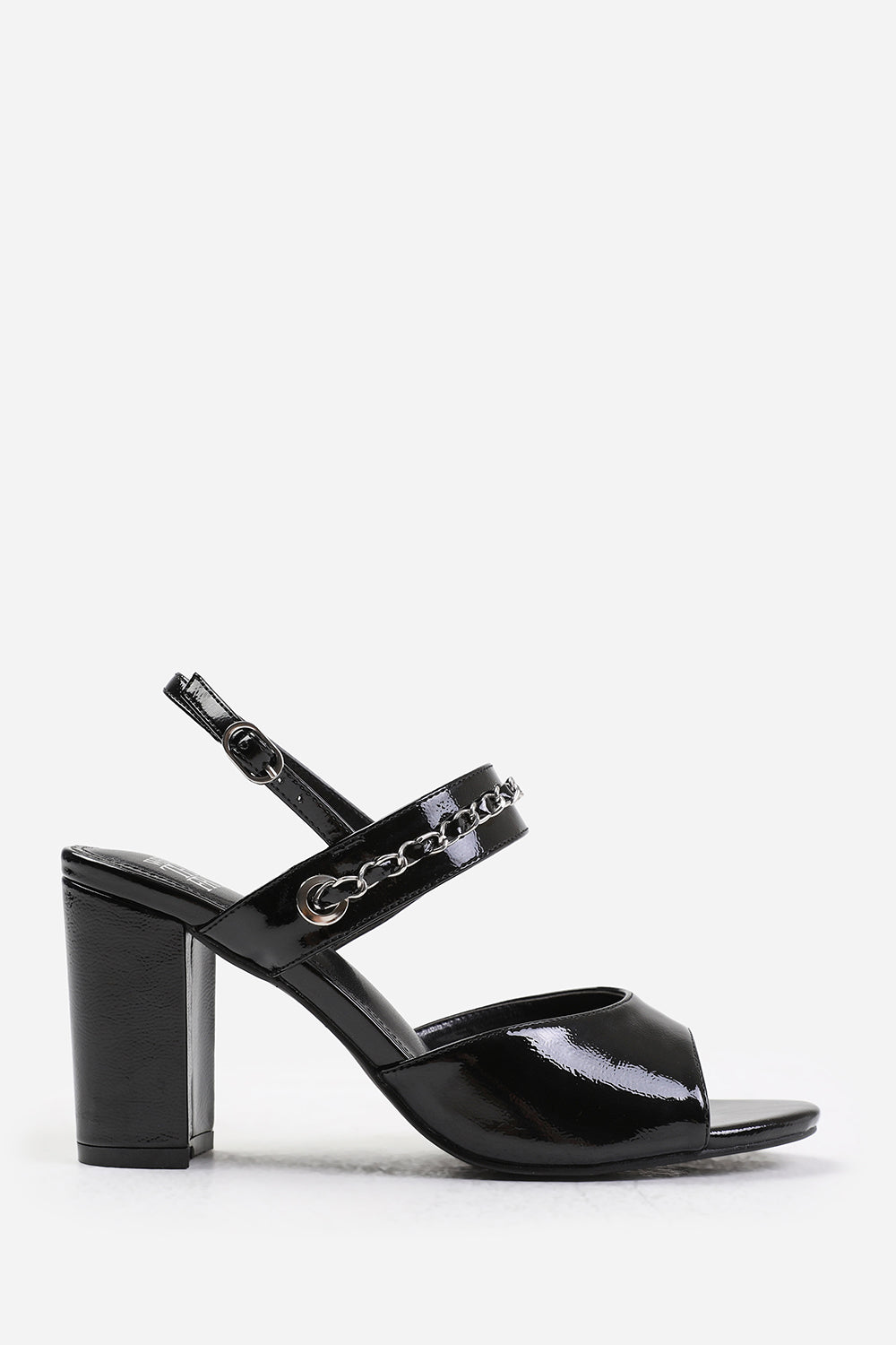Juno Mid Block Heels With Chain Detailing In Black Patent