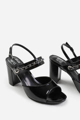 AUDRA WIDE FIT MID BLOCK HEELS WITH CHAIN DETAILING IN BLACK PATENT