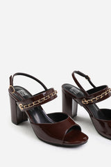 Juno Mid Block Heels with Chain Detailing In Oxblood Patent