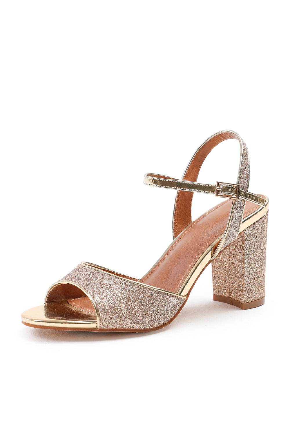 FLORENCE WIDE FIT MID HIGH HEELS WITH ANKLE STRAP IN GOLD GLITTER