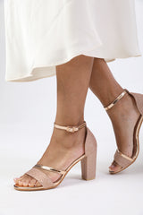 ACELINE MID HIGH BLOCK HEEL SANDALS WITH ANKLE STRAP IN ROSE GOLD