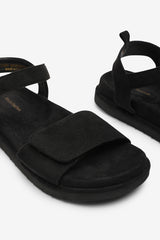 Noriva Double Strap Velcro Footbed Sandals in Black Suede