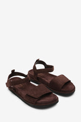 Corfu Velcro Multi Strap Sandals In Dark Brown Suede