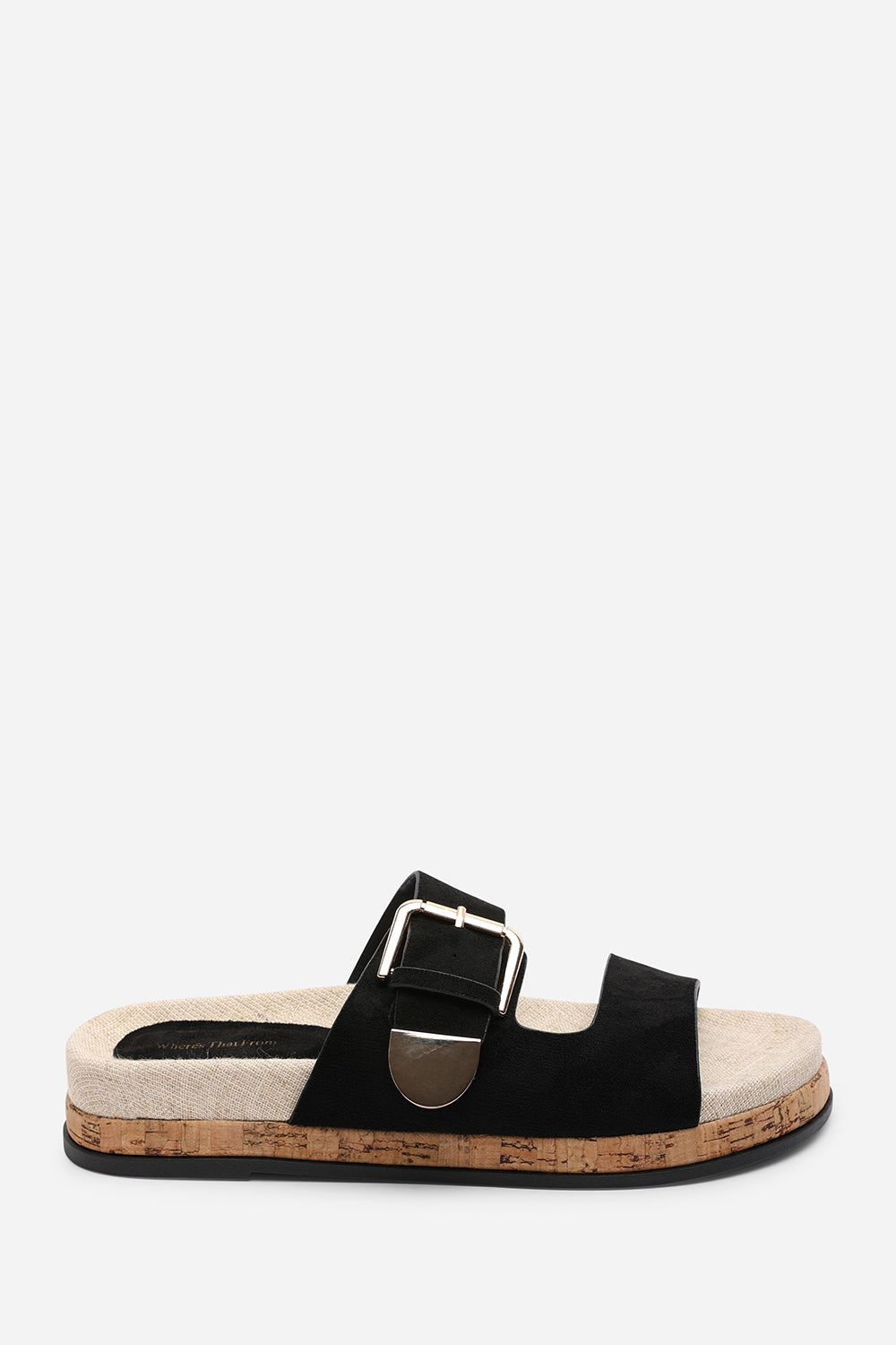 Avenue Buckle Footbed Black Suede Sandal