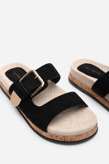 Avenue Buckle Footbed Black Suede Sandal