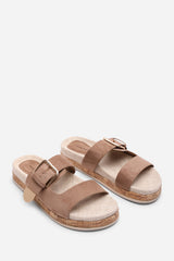 Avenue Buckle Footbed Camel Suede Sandal