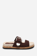 Avenue Buckle Footbed Dark Brown Suede Sandal