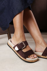 Avenue Buckle Footbed Dark Brown Suede Sandal