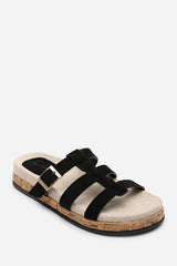 Bambi Multi Strap Footbed Black Suede Sandal
