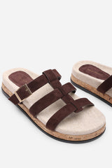 Bambi Multi Strap Footbed Dark Brown Suede Sandal