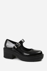 FRANCE CHUNKY SOLE SHOES WITH SINGLE BUCKLE STRAP IN BLACK FAUX LEATHER