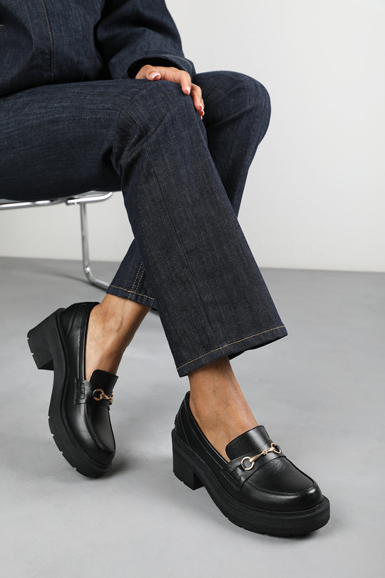 Holly Wide Fit Black Chunky Loafers With Metallic Accent