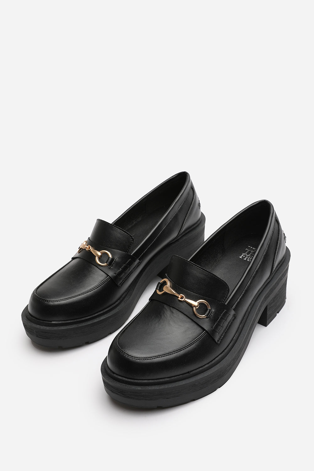 Holly Wide Fit Black Chunky Loafers With Metallic Accent