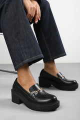 Holly Wide Fit Black Chunky Loafers With Metallic Accent